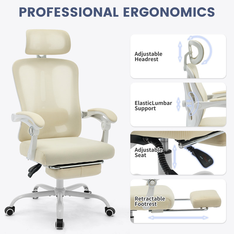 Chaise de bureau ergonomique à dossier haut en maille avec repose-pieds rétractable, appui-tête et soutien lombaire réglables, chaise de bureau pivotante inclinable à roulettes, structure blanche, maille gris pâle