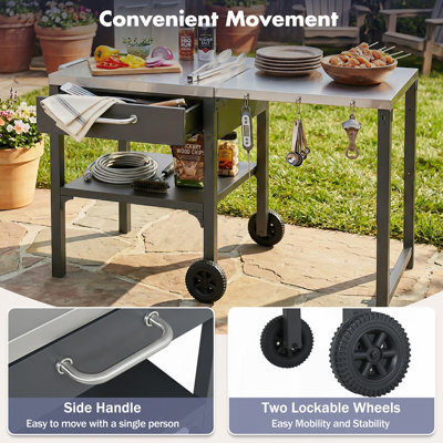 Outdoor Kitchen Cart Foldable Outdoor Prep Station Portable BBQ Cart Grill Cart with Foldable Top and Storage Space for Backyard, Patio, Gray
