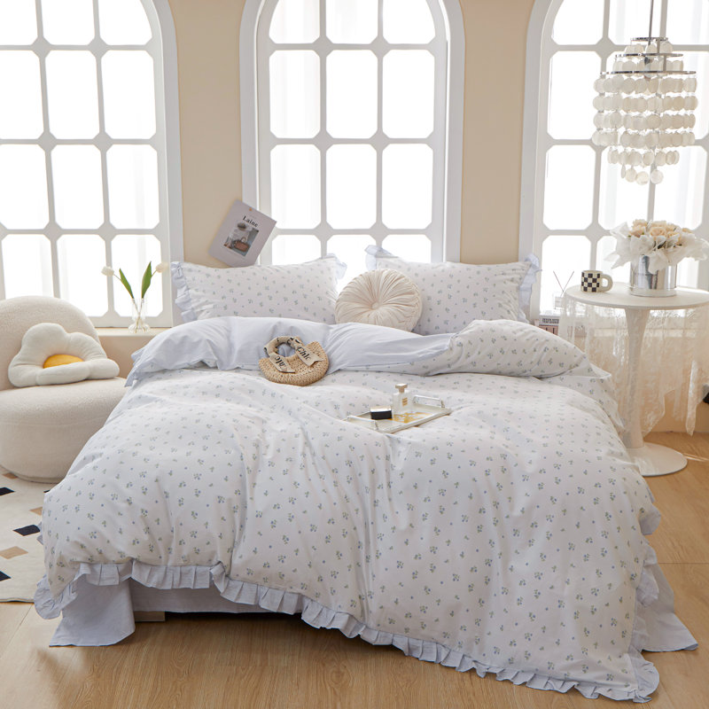 Muti-Floral Pattern Ruffle Laced Cotton Duvet Cover Set, Bluish Violet Floral, Full Duvet Cover + 2 King Pillowcases