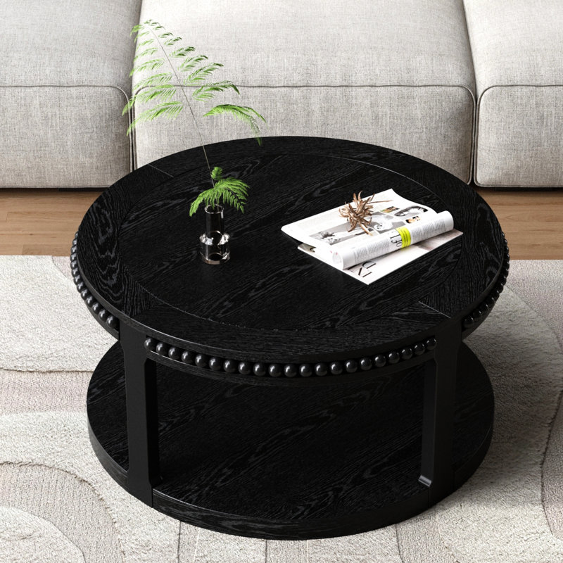 Table basse ronde en bois massif, moderne Mid-Century, noire, rangement à 2 niveaux, support, surface lisse, installation en 15 minutes, largeur de 31,5 pouces, finition ouverte à deux laques,
