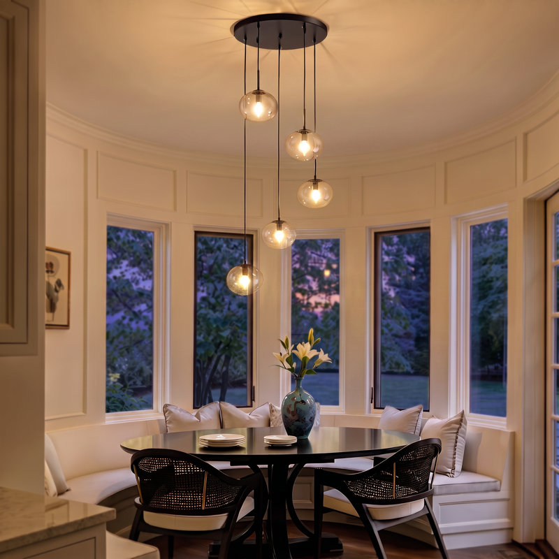 Lustre globe en verre moderne à 5 lumières Orbelle, luminaire suspendu noir pour îlot de cuisine et salle à manger