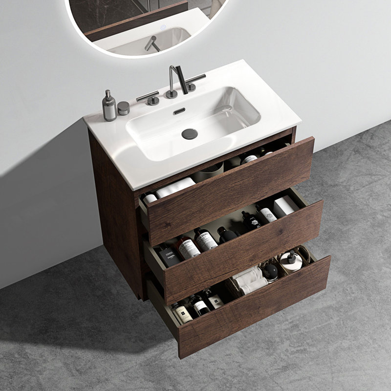 Meuble-lavabo autoportant avec lavabo et 3 trous de robinet, 30", Noyer