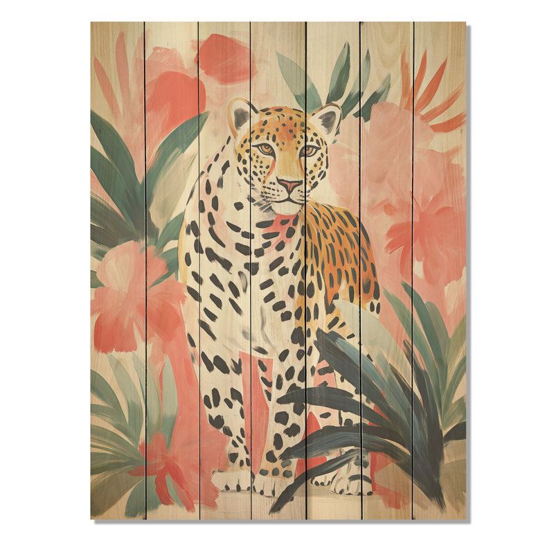 Léopard vert et rose dans la jungle II - léopard / guépard sur bois, H 20 po x l 10 po