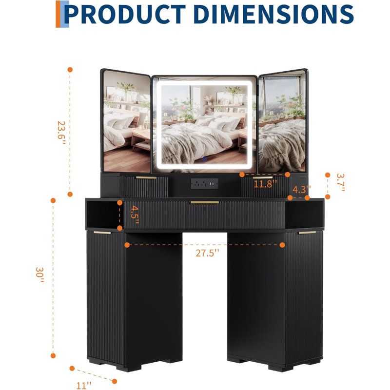 Corner Vanity Desk, Vanity Table with Lighted Mirror, Fluted Makeup Desk with Drawers and Cabinets, Corner Dressing Table with Charging Station for Bedroom