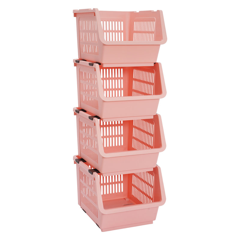 11" 4PCS Stacking Storage Baskets Rectangular Stackable Organizer Storage Bins Modern, Pink