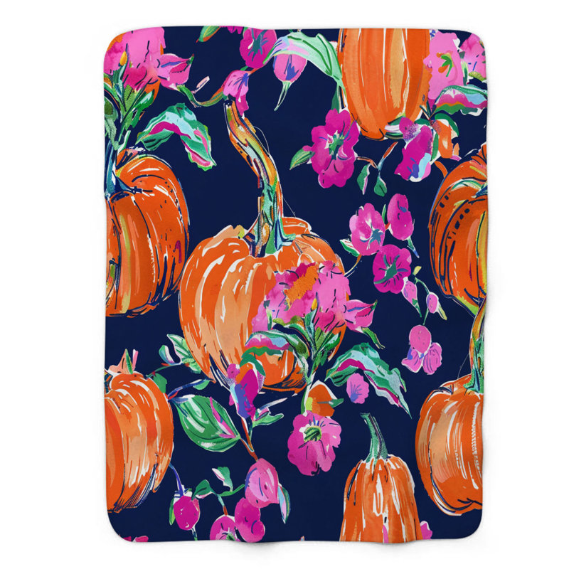 Motif de balise maritime - 1 pièce Sherpa Premium, L 50 po x L 60 po, Fleurs de citrouille à la mode