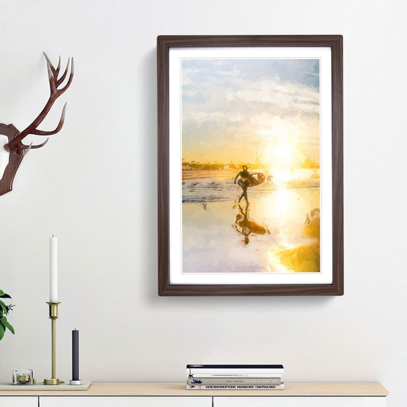 Surfer on a Spanish Beach in Abstract - Picture Frame Graphic Art Print, 36cm H x 27cm W x 2cm D, Walnut Framed