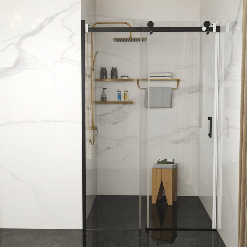 Porte de douche coulissante simple sans cadre de 48 à 48,8 po x H 76 po avec verre trempé transparent de 8 mm, finition noire