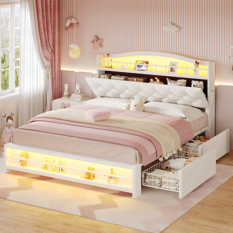 Bed Frame With Storage Headboard & 4 Drawers,with Led Lights & Charging Station, No Box Spring Needed, Easy Assembly, Princess Velvet Upholstered Platform Bed