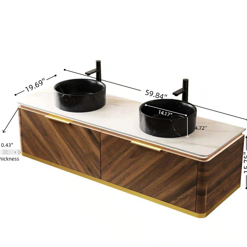 Meuble-lavabo de 60 po avec 2 lavabos vasques ronds en céramique à motif de pierre noire, plateau fritté, tiroirs avec capteur, armoire flottante en noyer foncé, éclairage à DEL à détection automatique de haute qualité, simple