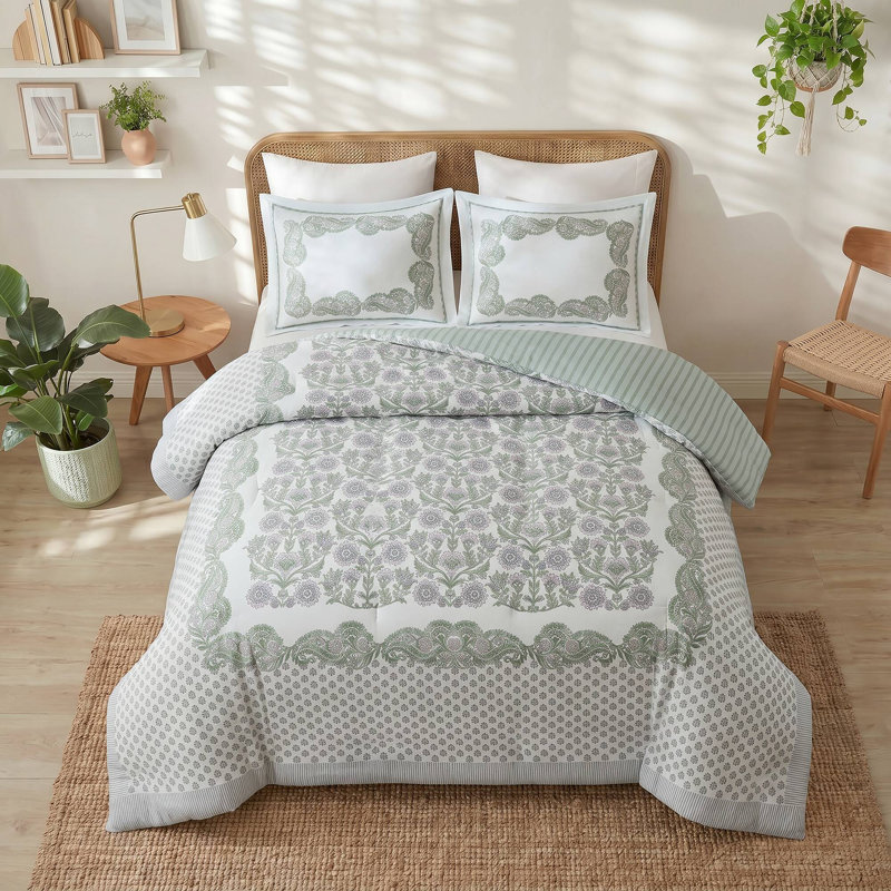 Piece Sage Green Bedding Sets, Cotton Blend Floral Dobby Full Queen Bedroom
