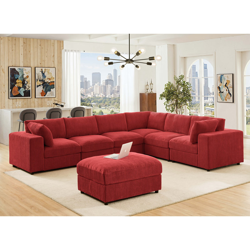 Amy-Grace 138" Wide Reversible Modular Corner Sectional with Ottoman, Christmas Red, 33" H x 132" W x 104" D