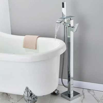 Robinet de baignoire autoportant en chrome Modern Luxury - Robinet de baignoire à fixation au sol avec pomme de douche à main pour salle de bain
