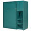 Lit simple bleu sarcelle rotatif avec bibliothèque intégrée, rangement pour armoire supérieure, bureau escamotable et unités de rangement latérales intégrées au mur, espace peu encombrant, table de travail pliable et tablette supplémentaire