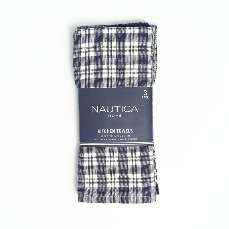 Navy and White Plaid Cotton Kitchen Towels Set of 3
