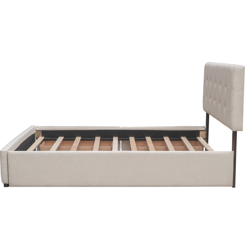 Lit plateforme tapissier avec 2 tiroirs et 1 lit gigogne simple TG, tissu de lin, grand lit - beige foncé (OLD SKU: LP100314AAA)