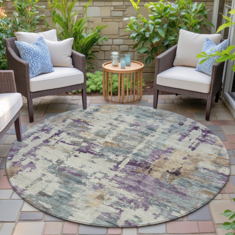 Machine Washable Indoor/Outdoor Xhevrie Linen Rug, Round 8'