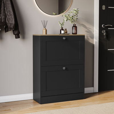 2 Drawer Shoe Cabinet with Oak Top Modern Shoe Storage For Hallway Living Room & Bedroom