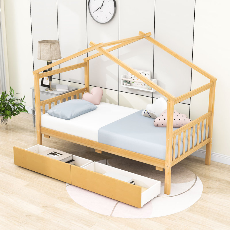 Henjes Twin 2 Drawers Wood House Bed, Natural