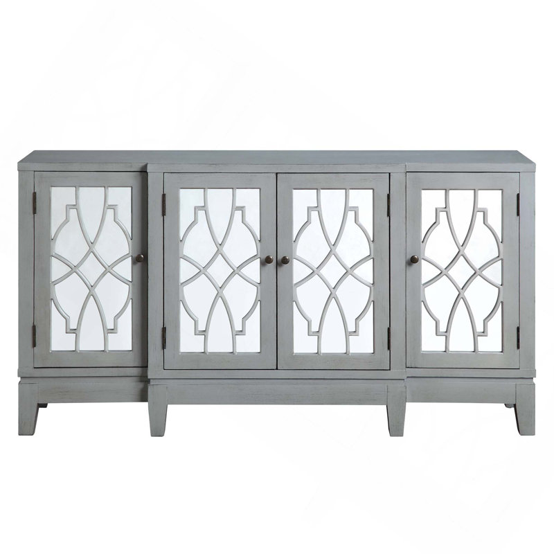 Console assemblée avec 4 portes avant miroir et 4 tablettes, pieds fuselés pour le rangement