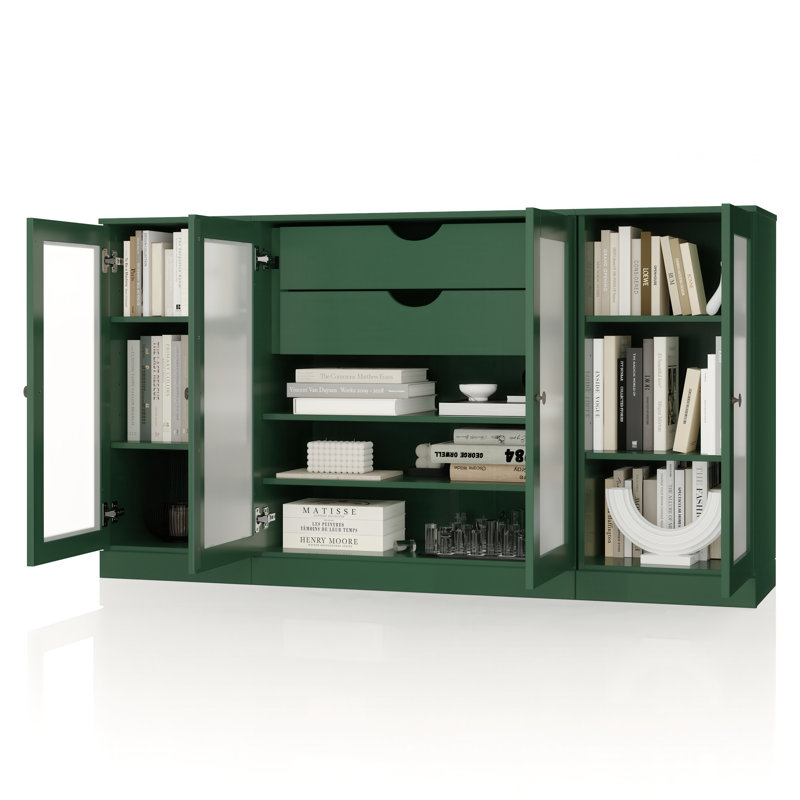 Buffet 100% bois massif 65 po avec portes en verre givré, 2 tiroirs et tablettes réglables, Vert
