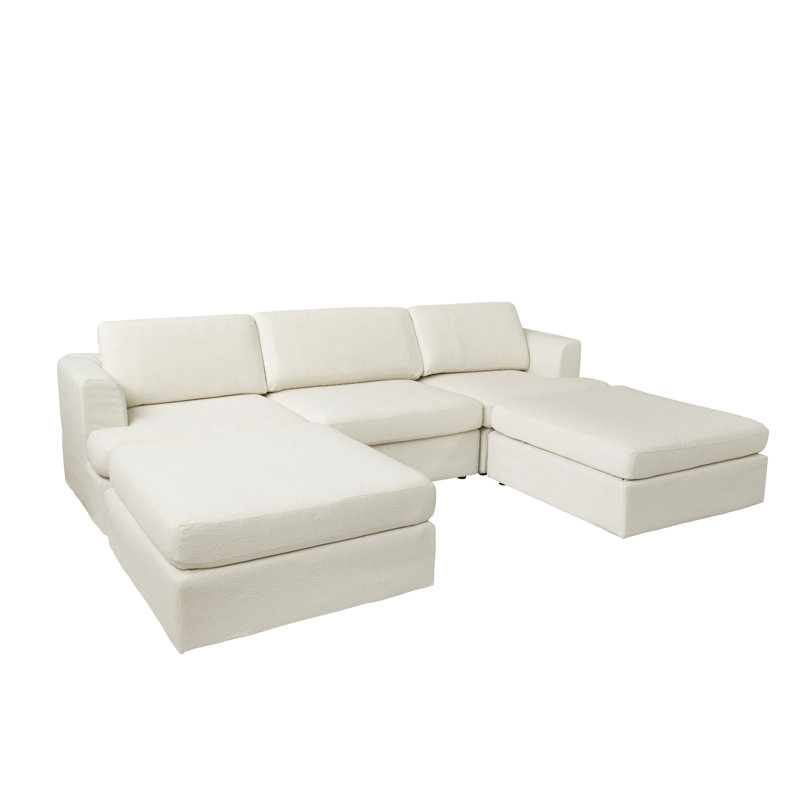 Akshata 5-Piece Upholstered Boucle Sectional Slipcovered Sofa With Ottoman, White Fabric/Boucle