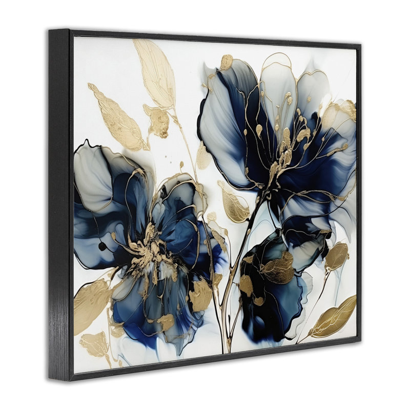 Fleurs bleues modernes sur bois, impression, Giclée encadrée noir minuit, H 24 po x l 30 po x P 1,5 po