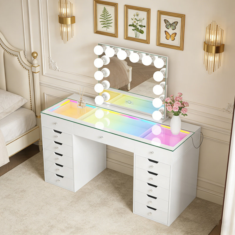 Makeup Vanity Set with LED Lighted Mirror HD Glass Top Built-in RGB Light Strips Large 13 Drawers, Light White