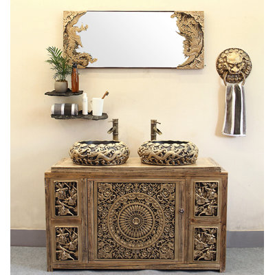 New Chinese Style Solid Wood Bathroom Vanity with Resin Carvings