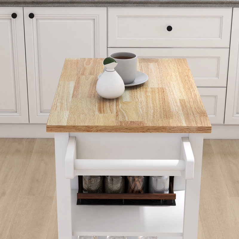 Gillette Multi-Functional Kitchen Island With Board And Extra Storage Trolley Solid Rubber Wood Tabletop