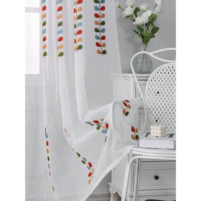 Rideaux blancs transparents avec broderie colorée en forme de feuille, rideaux à œillets filtrant la lumière pour salon, chambre à coucher, chambre d'enfant (2 panneaux, 132 cm de large * 213 cm de long)