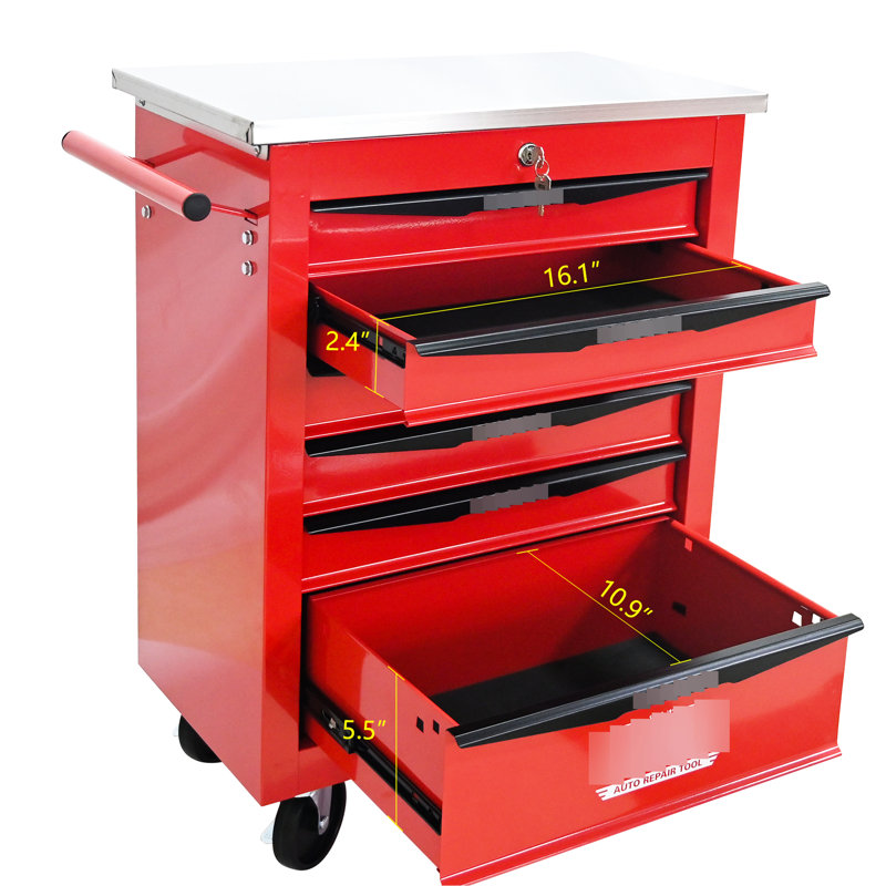 6 tiroirs, chariot à outils multifonctionnel, toit en acier inoxydable, verrouillable, amovible, roues universelles, pivotant, verrouillable, glissières de tiroir de capacité de charge de 15 kg, acier laminé à froid, thermolaqué, 4 po, clé