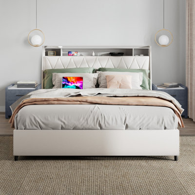 Bed Frame With Ergonomic Headboard, Full Platform Bed Frame With Outlets & Charger, Full Bed Frame With Storage Shelf, Bed Frame Full Size, Noise-Free