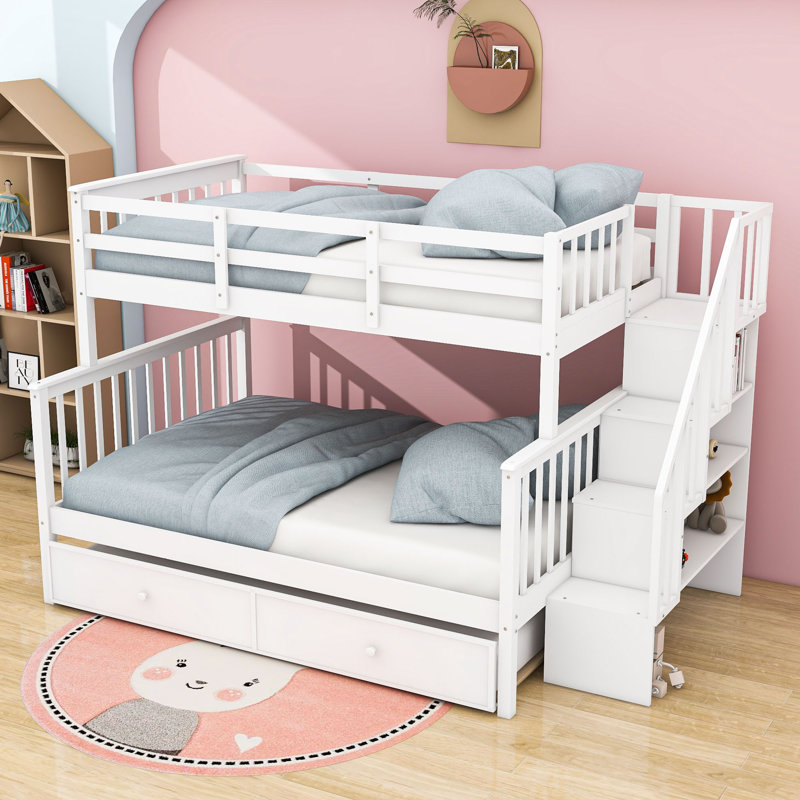 Kids Twin Over Full Bunk Bed with Trundle, White