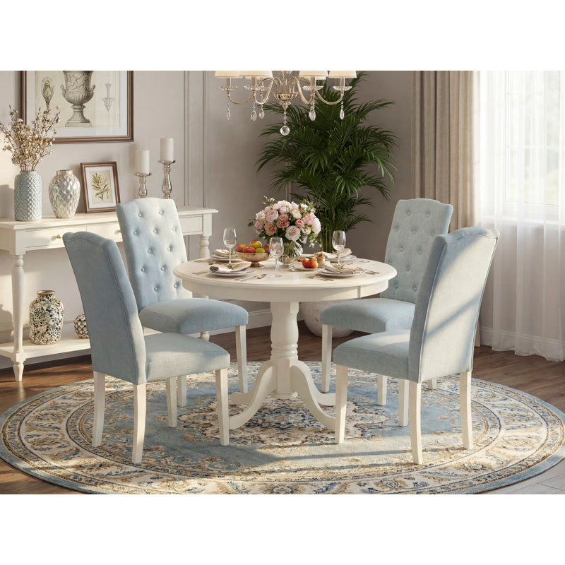 Hanzhe Rubberwood Solid Wood Dining Set, Linen White, Baby Blue, 5 Pieces: Table, 4 Chairs
