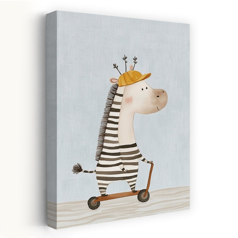 Cute Zebra On Scooter Playful Whimsical Contemporary Zebra Horse Wall Art Print by Mathieu - Wrapped Canvas Print