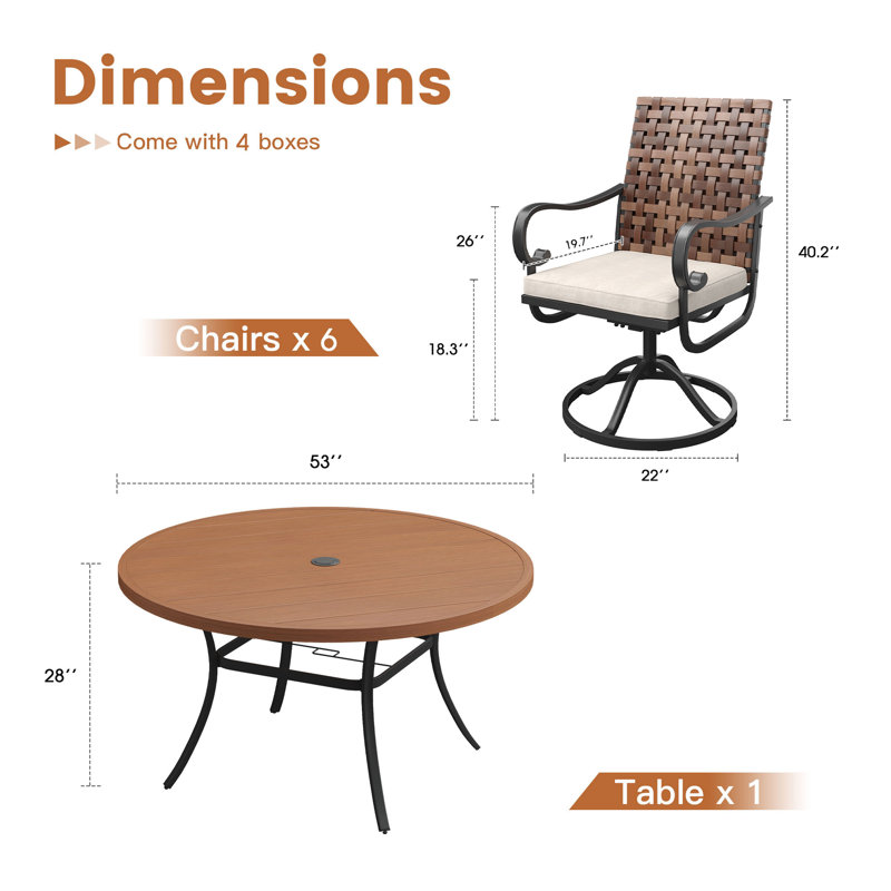 6-Person 53" Round Outdoor Dining Set With Cushioned Swivel PE Rattan Chairs, Brush Wood Brown