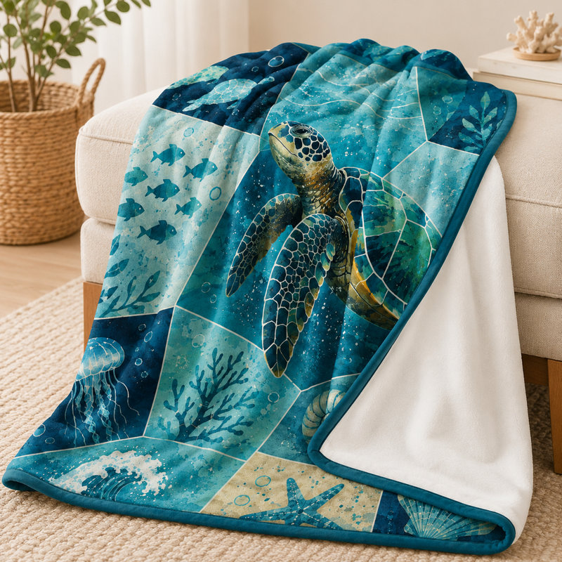 Coastal Turtle Flannel Blanket, Patchwork Ocean Blocks with Waves, Shells and Coral, Soft Throw for Sofa, Bed, Reading, Travel and Lounging, 60 x 80 in