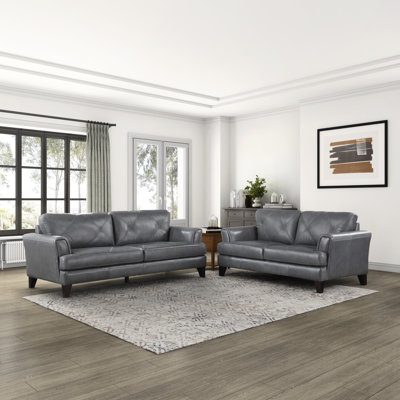 Nico Modern Contemporary Top Grain Leather 2-Piece Living Room Set with Refined Tufted Detail, Removable Zipper Covers & Pocket Coil Seating