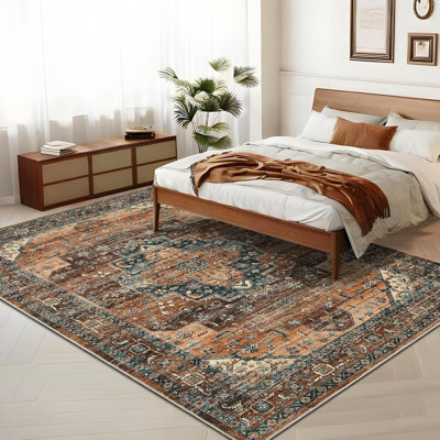 Vintage 2x6 Washable Rug – Non-Slip Non-Shedding Foldable Distressed Traditional Carpet for Kitchen Bedroom Entryway Bathroom Brown