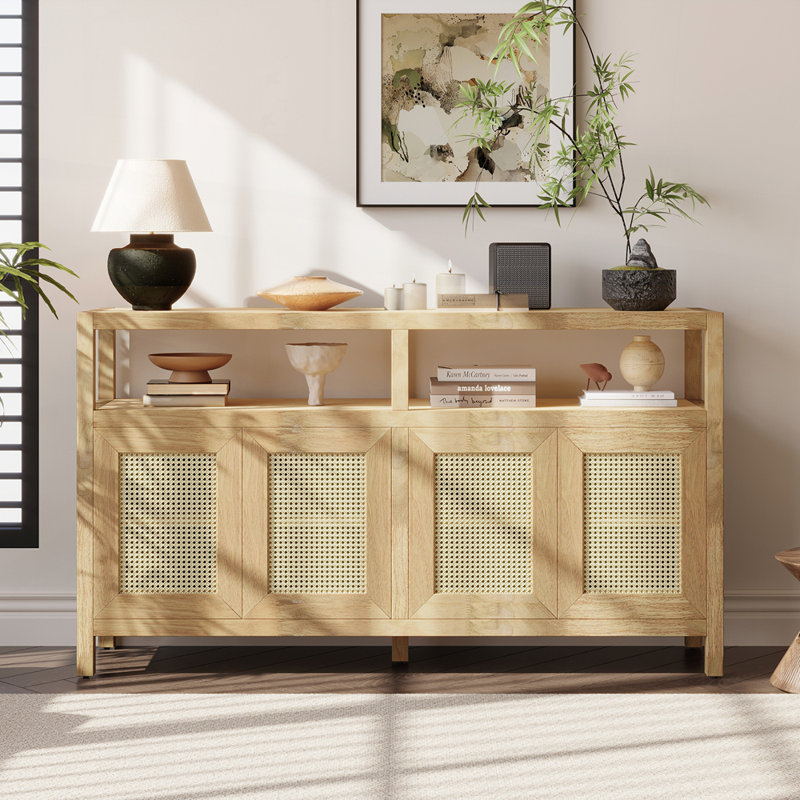 Rattan and Wood Storage Cabinet with Adjustable Shelves and Concealed Doors Perfect for Modern, Natural