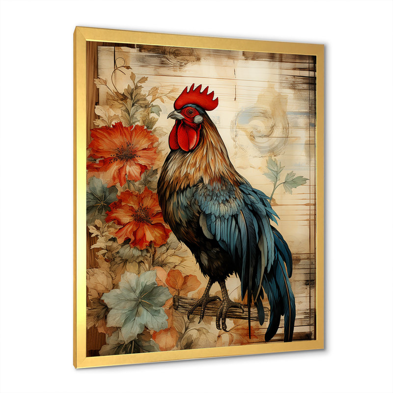 Art mural rétro, coq pastoral rétro, Encadrement doré, H 32 po x l 16 po x P 1 po