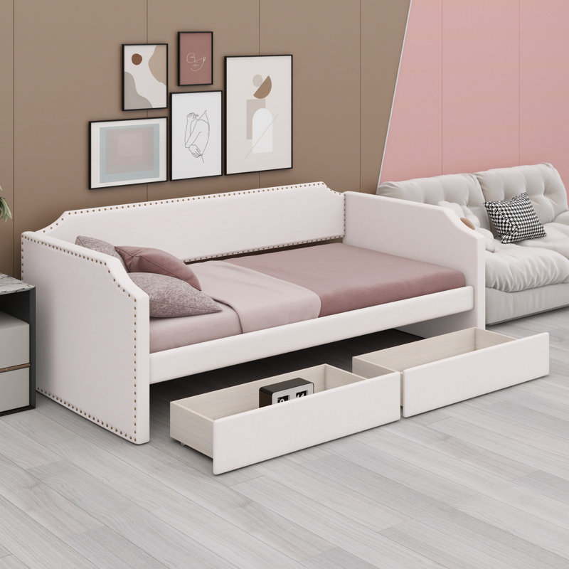Lit de jour moderne avec une silhouette rembourrée rembourrée et des compartiments de tiroir pratiques sous le lit, Beige