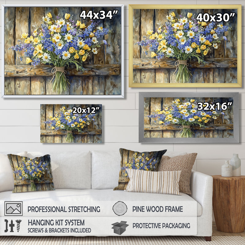 Country Breeze Bouquet III - Assortiment de bouquets d'art mural, H 30 po x l 40 po, Cadre flottant, Blanc