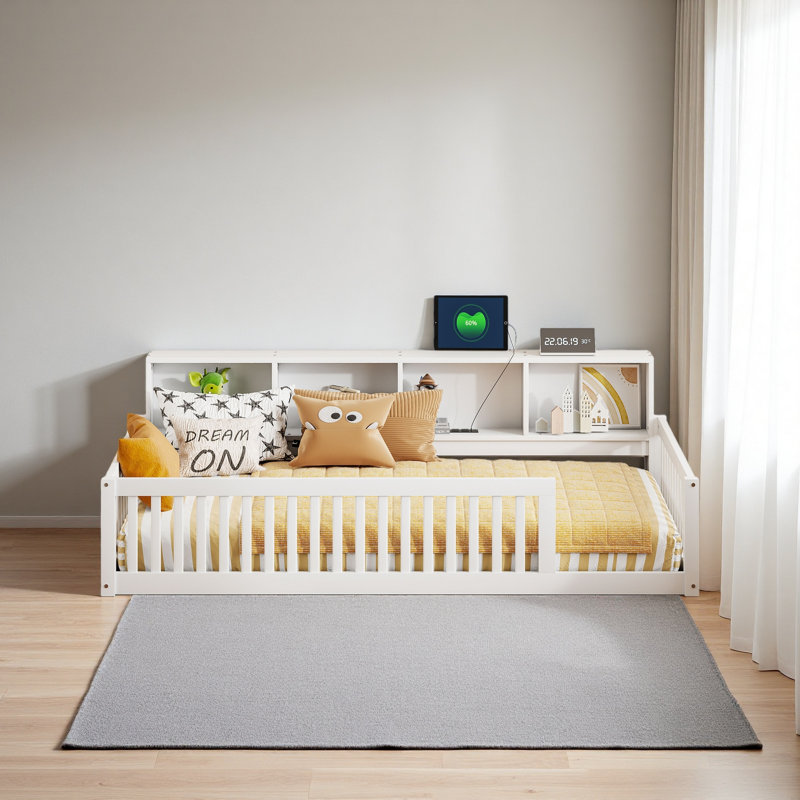 Lit en bois simple TG avec rangement et ports USB, Blanc