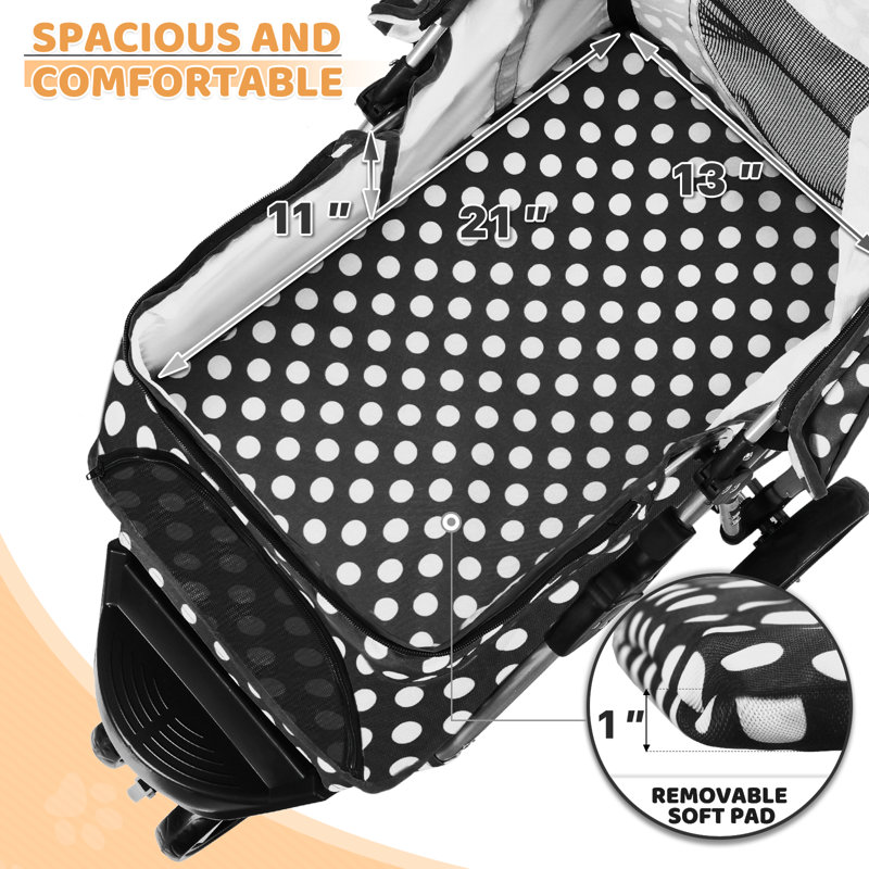 Black and White Polka Dot Foldable Dog Stroller with Storage