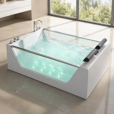 Baignoire balnéo autoportante deux places en acrylique (180 x 119 cm) avec double paroi en verre, chauffe-eau thermostatique, 16 jets d'eau, 16 jets d'air DEL, audio Bluetooth, panneau de commande numérique, 2 coussins et robinetterie, bonde réversible gauche/droite, blanche