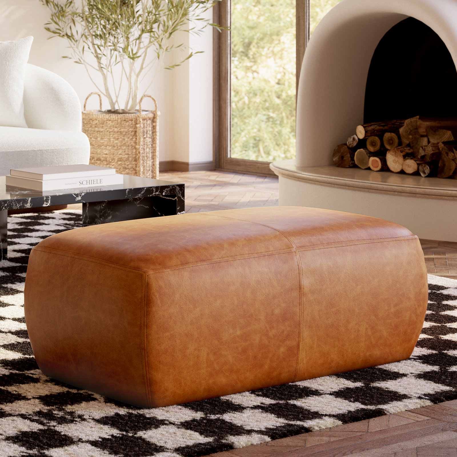Denver 43" Genuine Leather Ottoman, Cognac Tan
