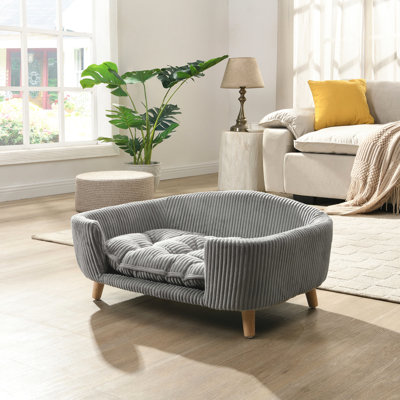Grey Corduroy Elevated Pet Bed With Rubber Wood Legs For Small Dogs  11 - 25 Lbs  Supportive And Comfortable Dog Frame In Stylish, Quick Setup