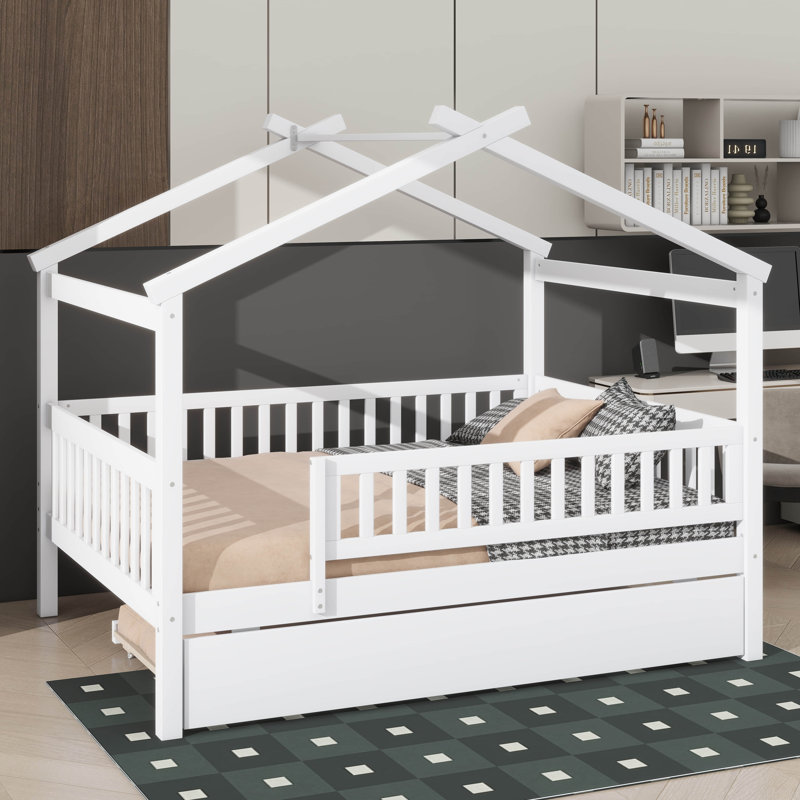 Wooden House Bed with Trundle, White, Full